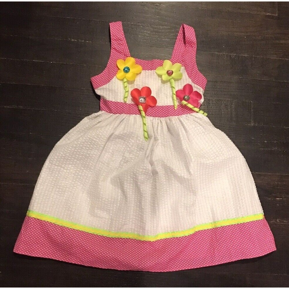 Youngland Girls 5 Pink White Floral Summer Dress Sparkle Polka Dot Sundress